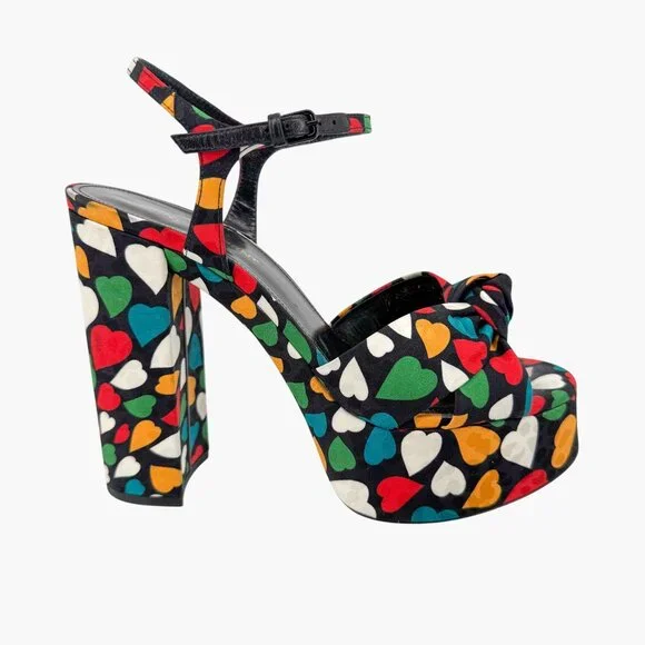 Saint Laurent Bianca Platform Sandals Size 38.5 US 8.5 Multicolor Heart Satin - Picture 8 of 14